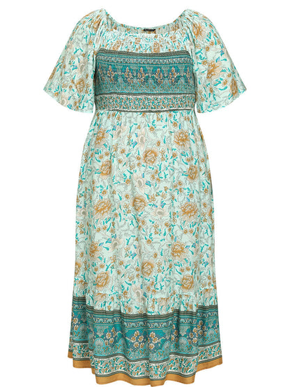 Floral Print Shirred Square Neck Dress