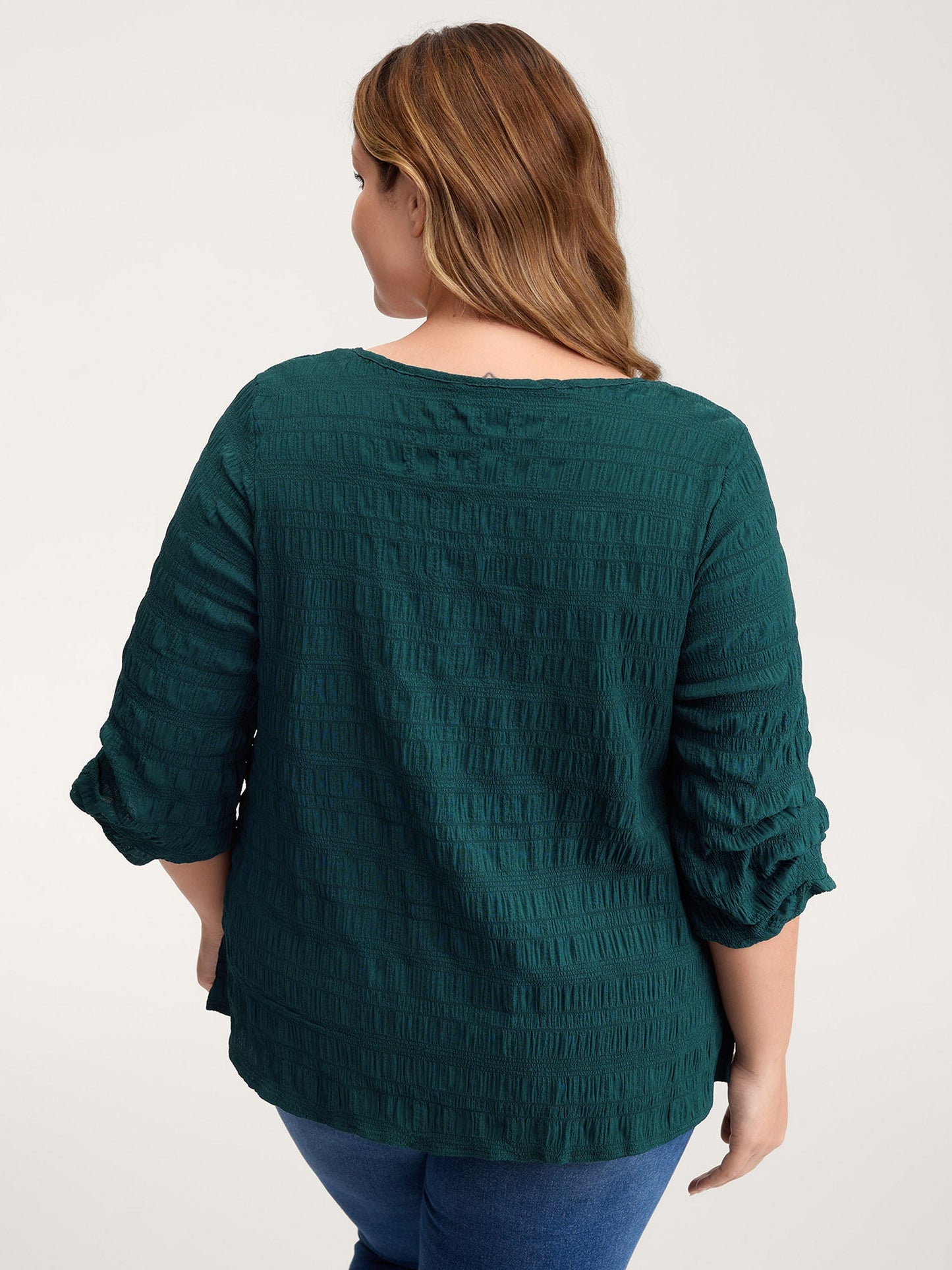 Textured Gathered Sleeve Solid Blouse