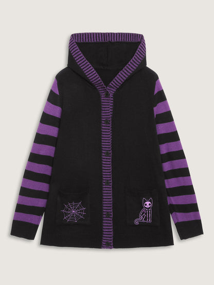 Stripes Sleeve Contrast Hooded Cardigan