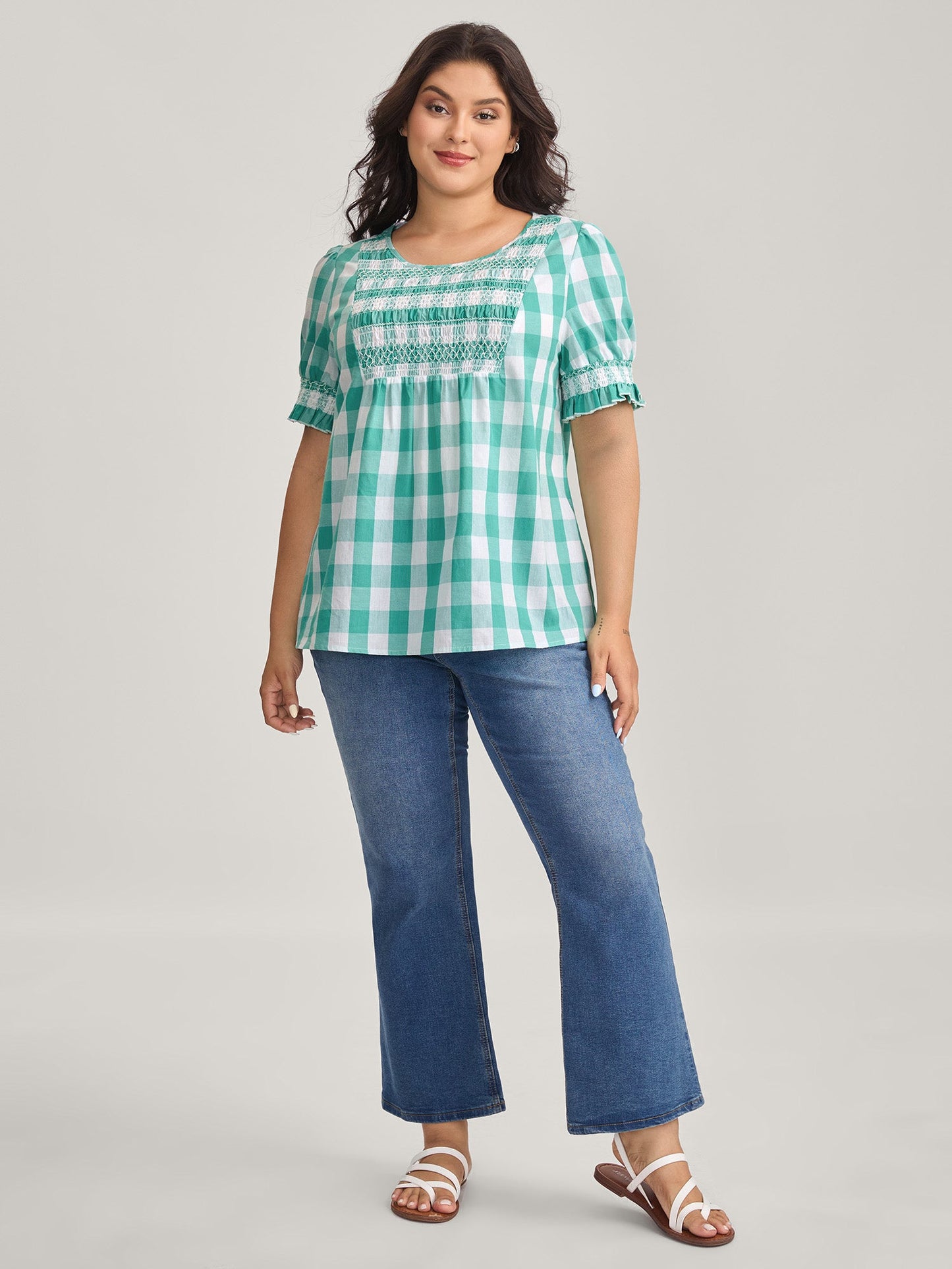 Cotton Plaid Print Shirred Neck Puffy Blouse