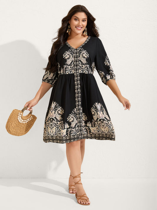 Paisley Print Rayon Contrast Midi Dress
