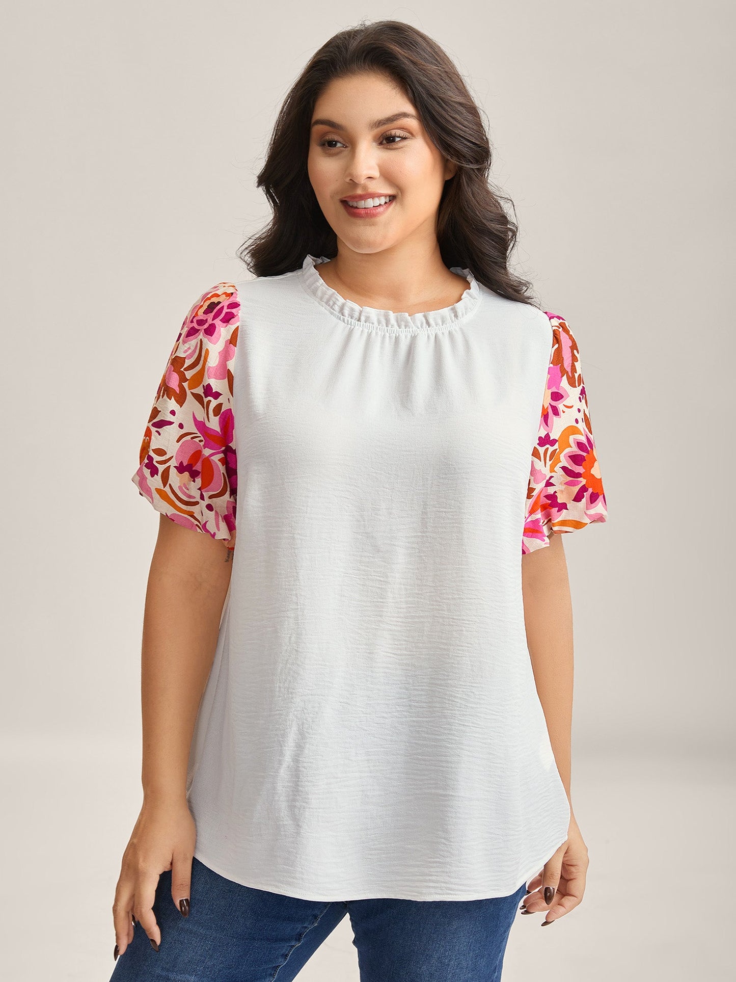 Floral Bubble Sleeve High-Neck Blouse