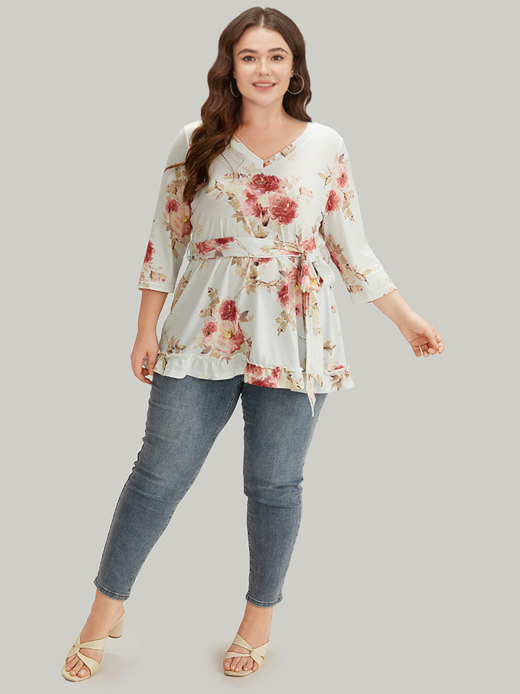 Floral Print Belted Frill Trim T-shirt