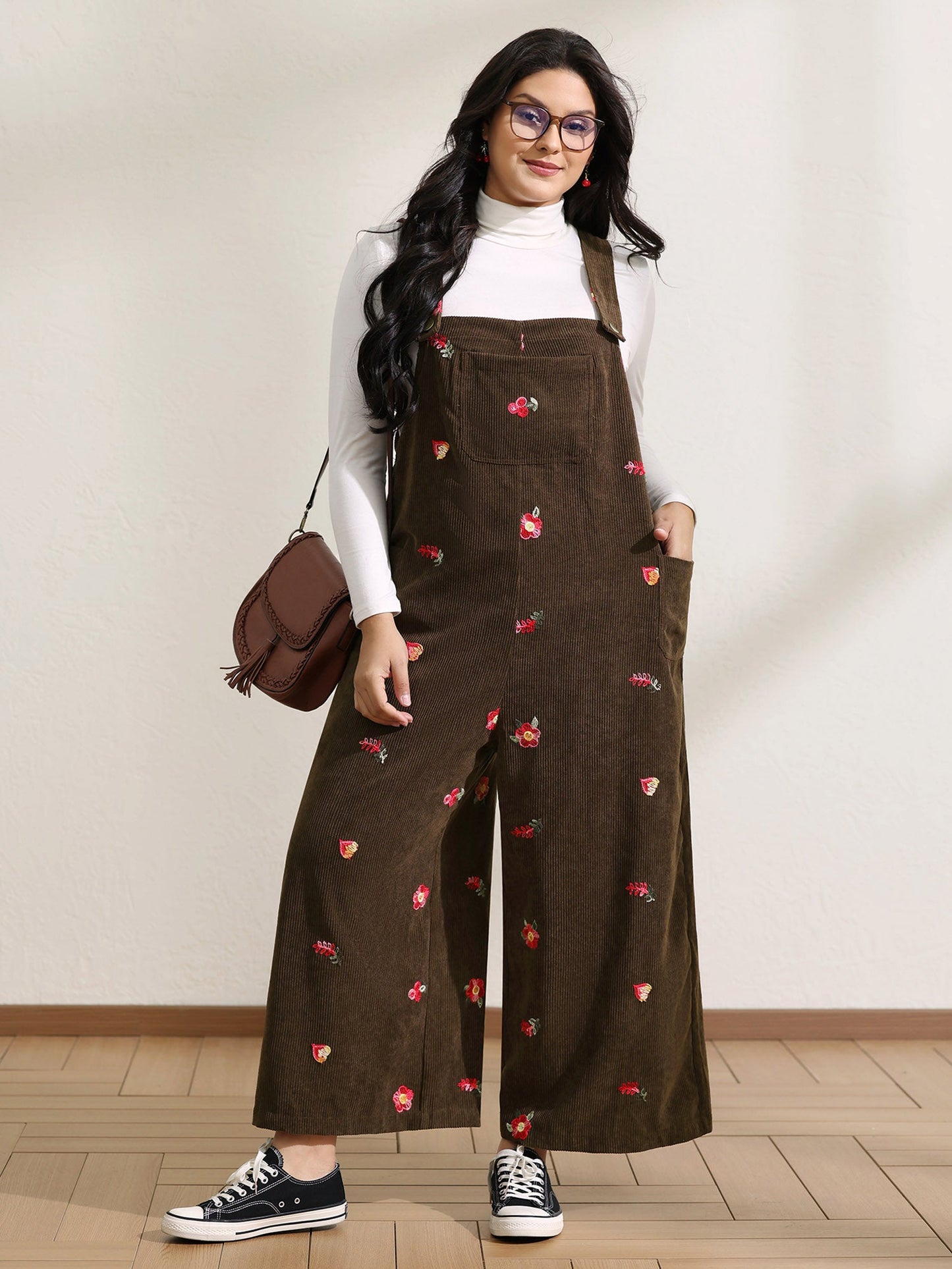 Corduroy Embroidered Patch Pocket Overall Jumpsuit
