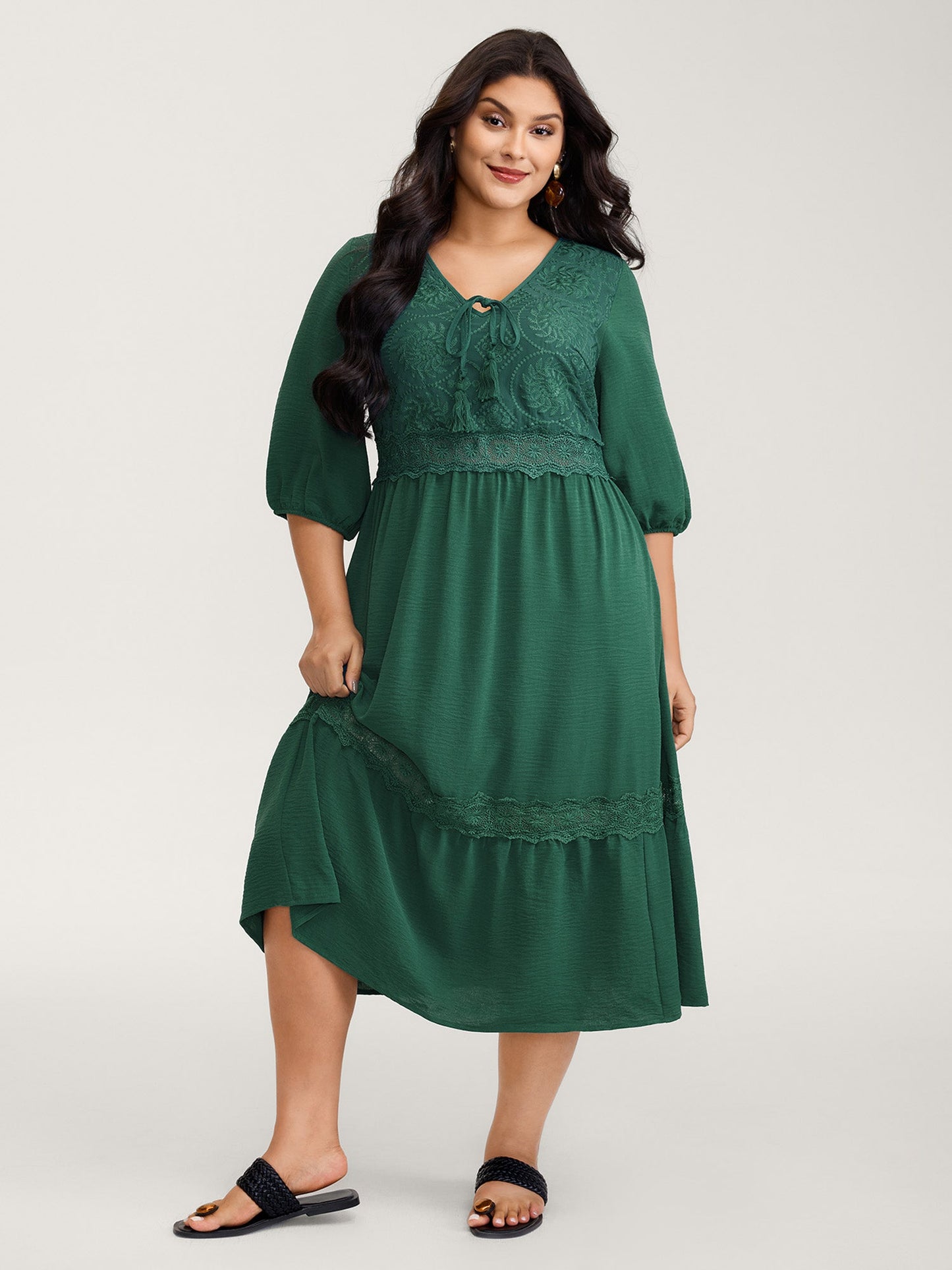 Embroidered Lace Trim Neck Drawstring Maxi Dress