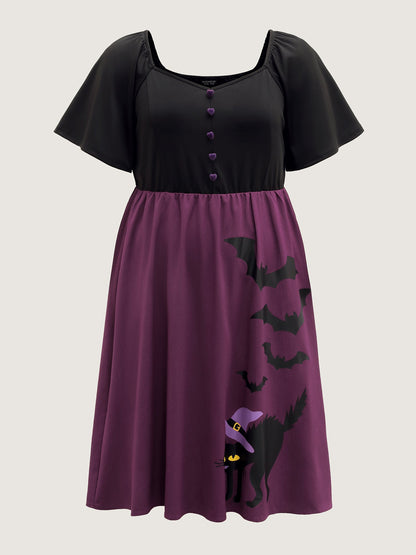 Wicked Halloween Print Contrast Button Midi Dress