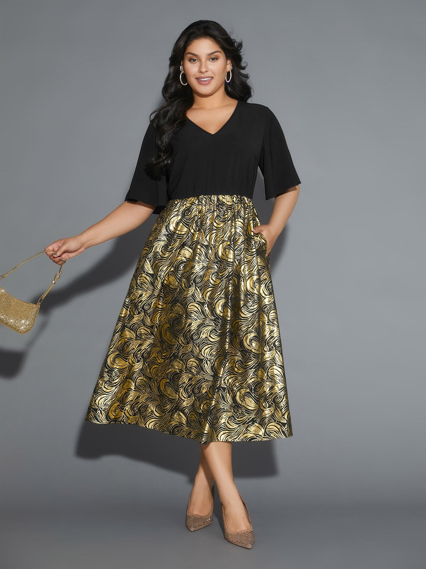 V Neck Glitter Flounce Sleeve Dress