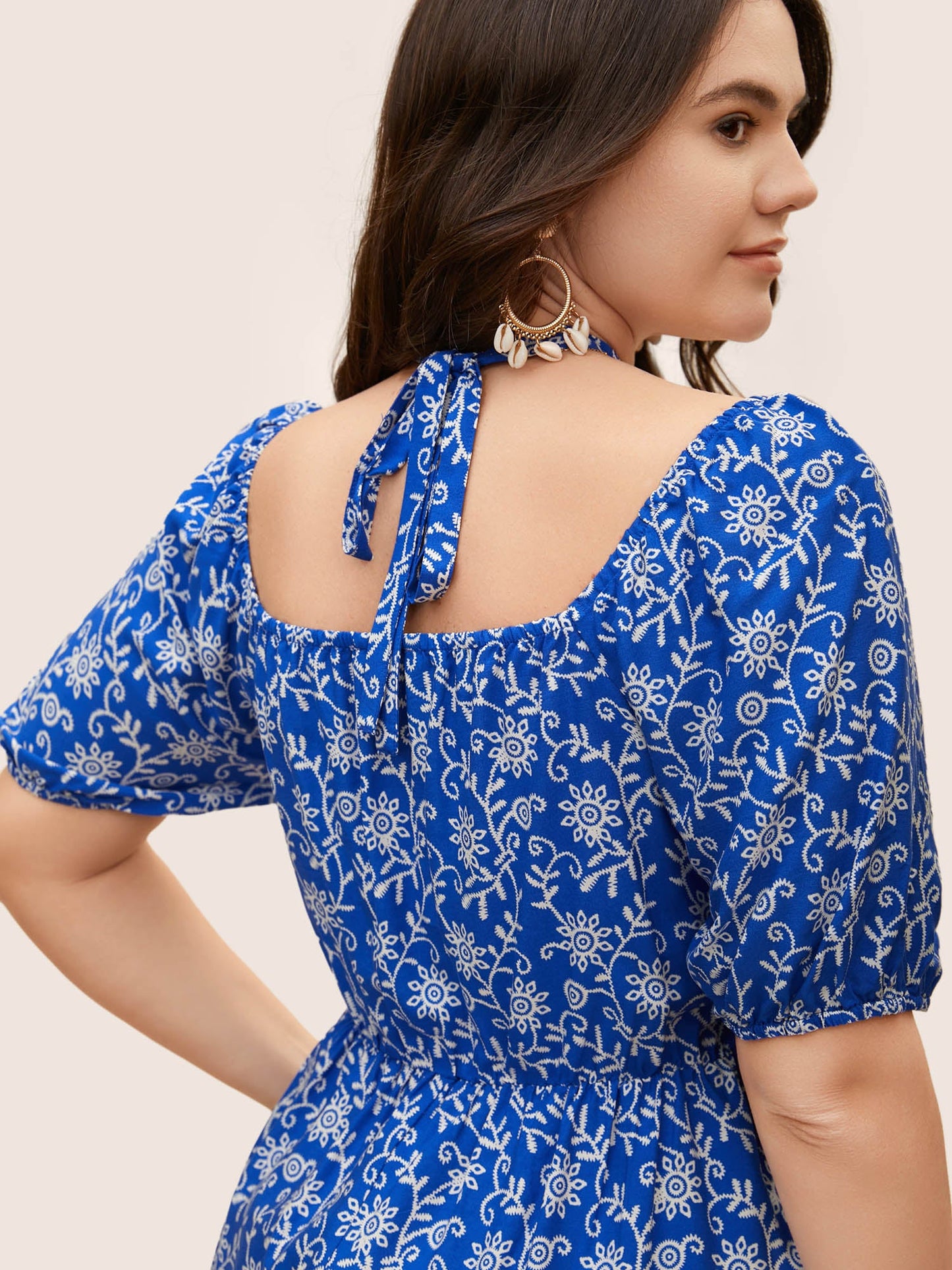 Bandana Print Notched Collar Lantern Sleeve Blouse