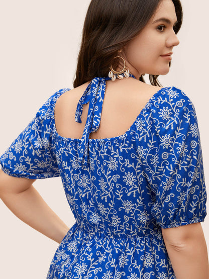 Bandana Print Notched Collar Lantern Sleeve Blouse