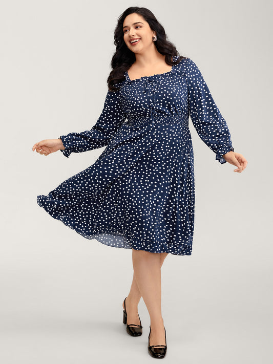 Polka Dots Shirred Drawstring Neck Midi Dress