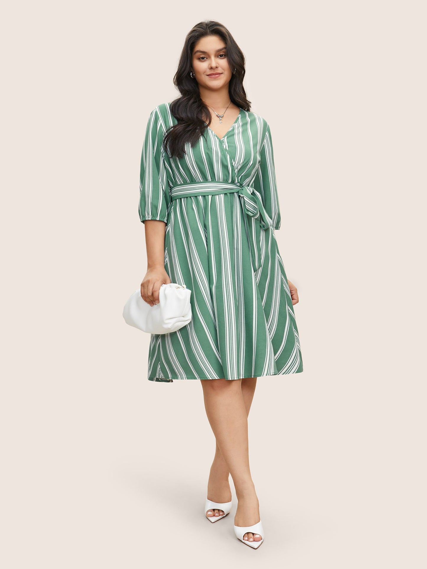 Striped Elastic Waist Belted Wrap Dress