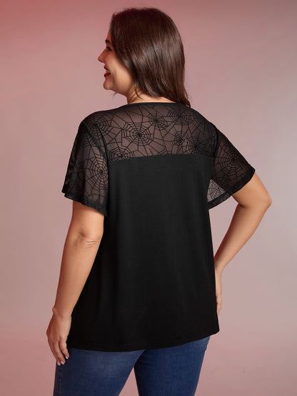 Sheer Neckline Tie Ruffled Sleeve T-Shirt