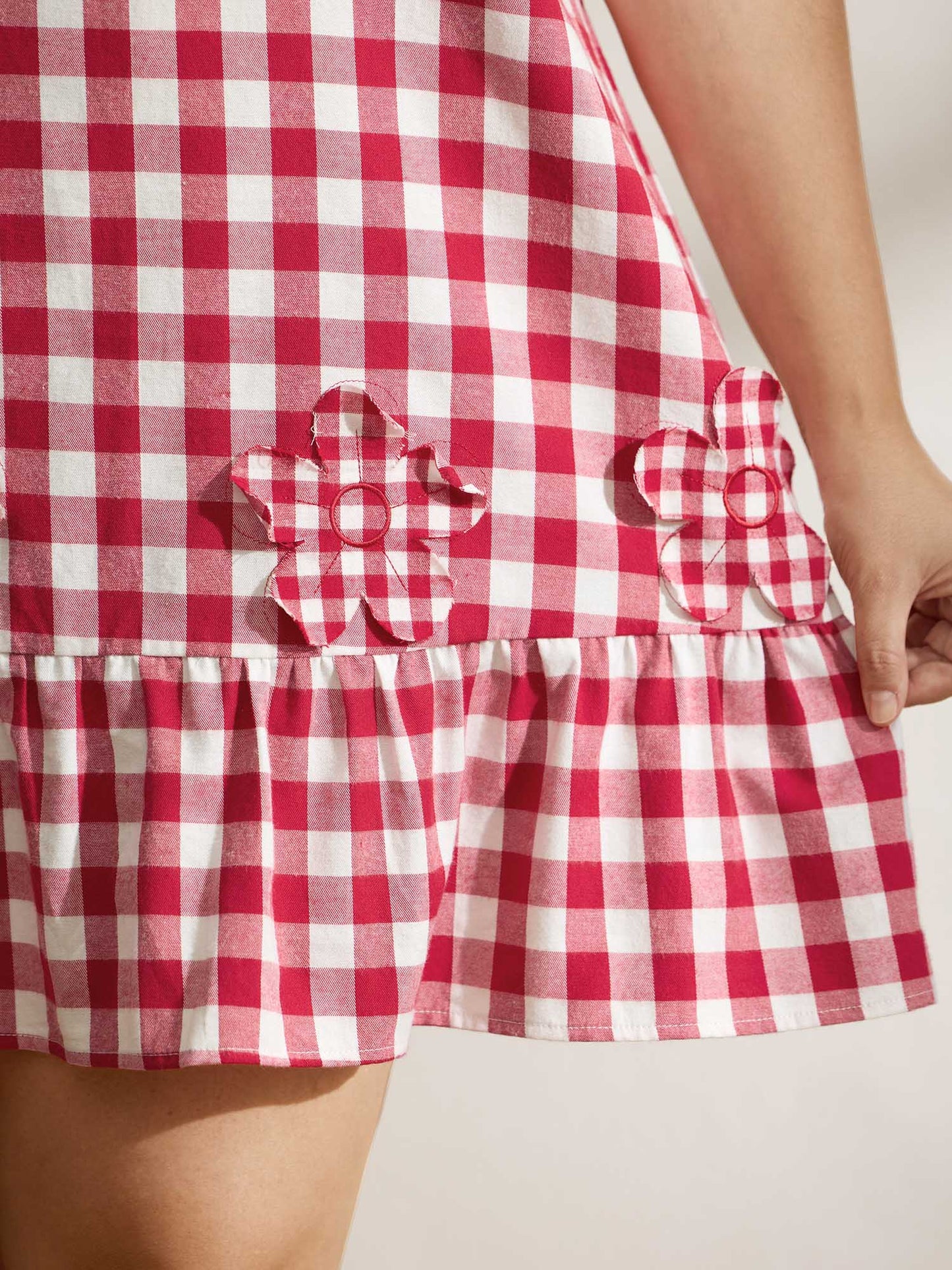 Cotton Gingham Embroidered Ruffled Hem Knee Dress