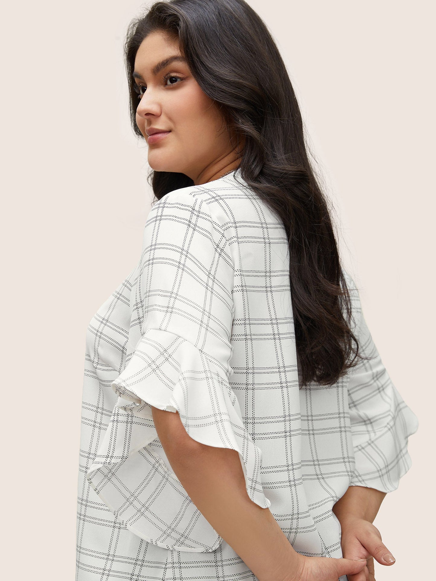 Plaid Notched Patchwork Ruffle Sleeve Blouse