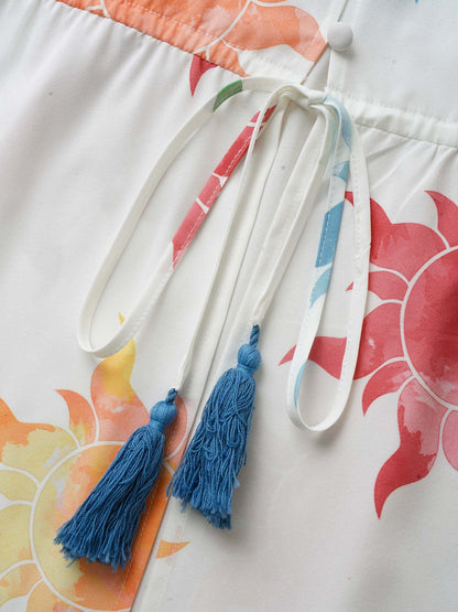 Sun Print Knotted Button Up Drawstring Kimono