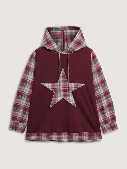 Plaid Star Applique Embroidery Hoodie