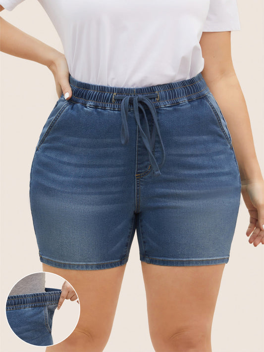 Light Wash Elastic Waist Drawstring Denim Shorts