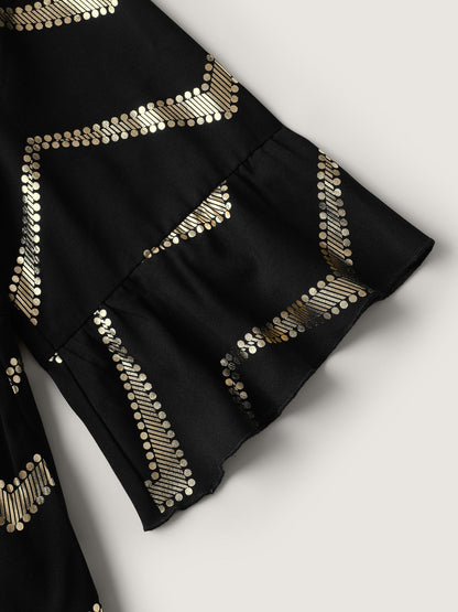 Gold Foil Wavy Knee-Length Dress