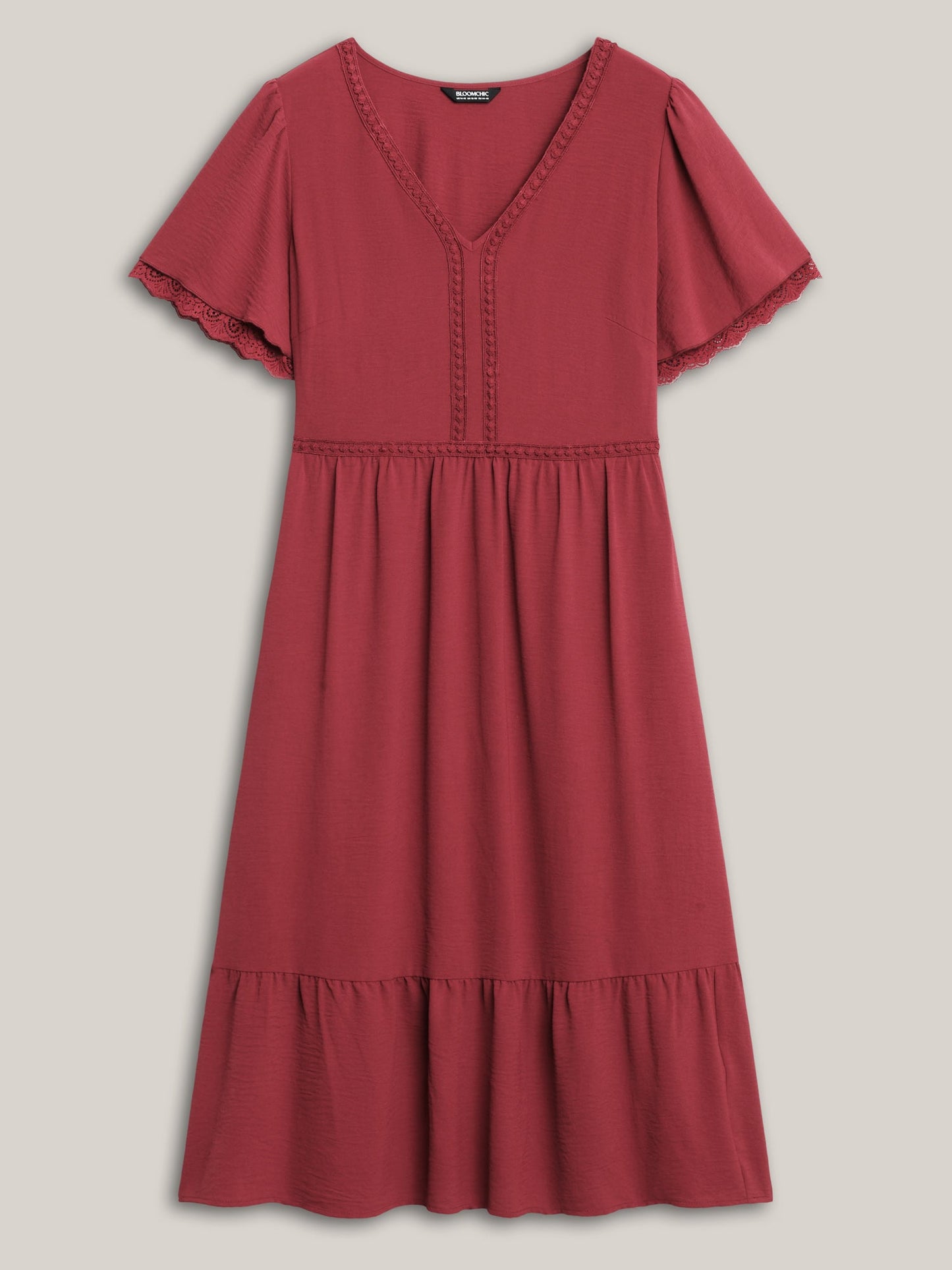 Lace Trim Neck Sheer Pockets Maxi Dress