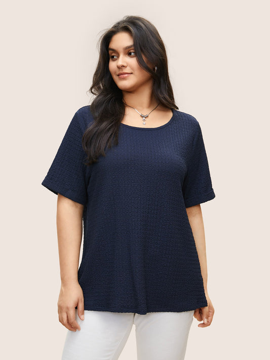 Plain Textured Crew Neck Cuffed Sleeve T-shirt