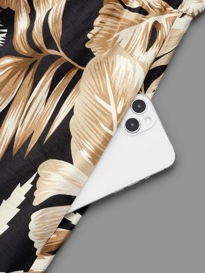 Tropical Leaf Print Neck-Tie Tiered Midi Dress