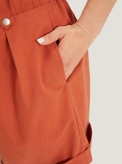 Solid Pocket Pleated Roll Hem Button Detail Shorts