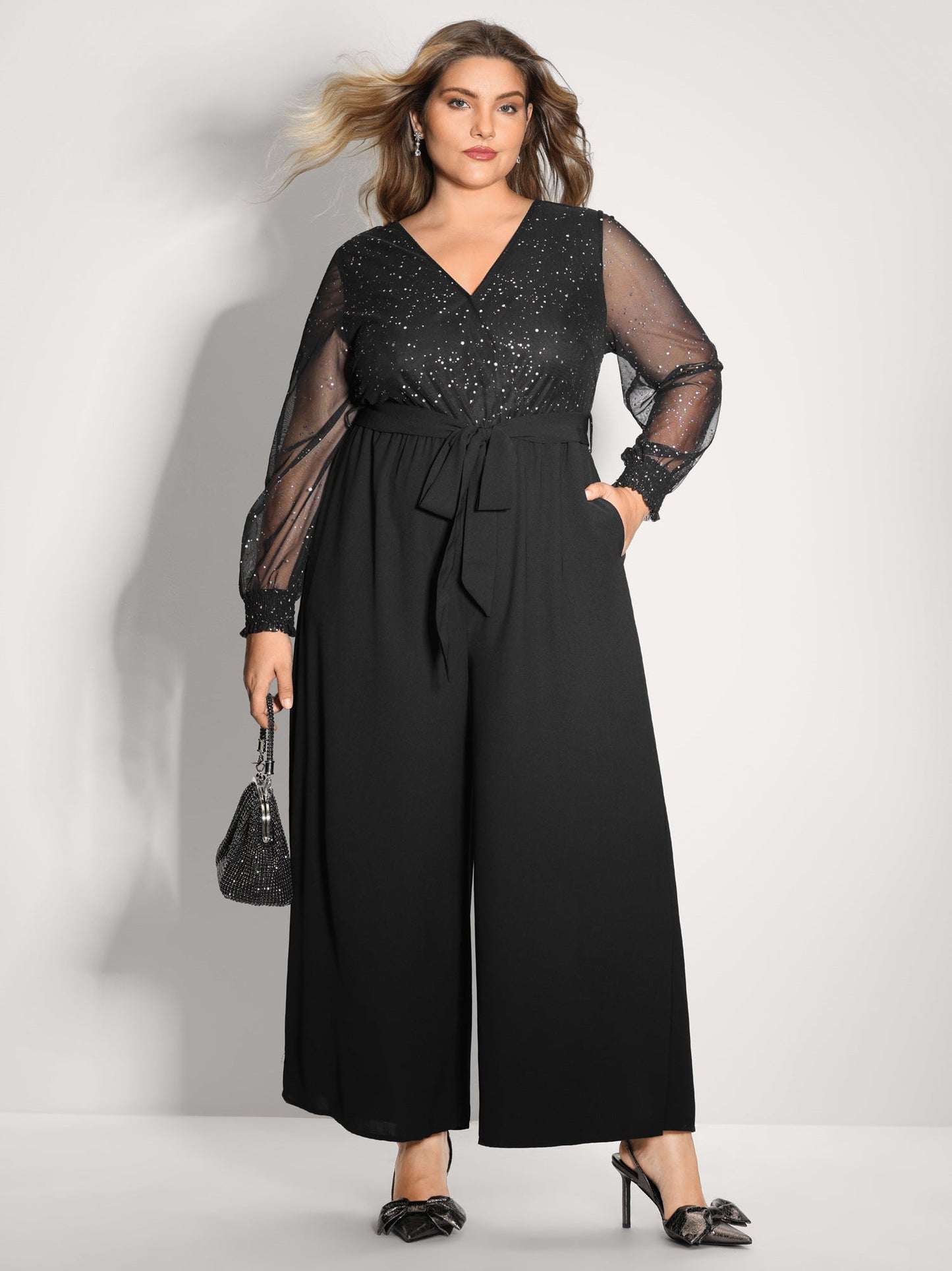 Shimmery Rhinestones Belted Waist Jumpsuit