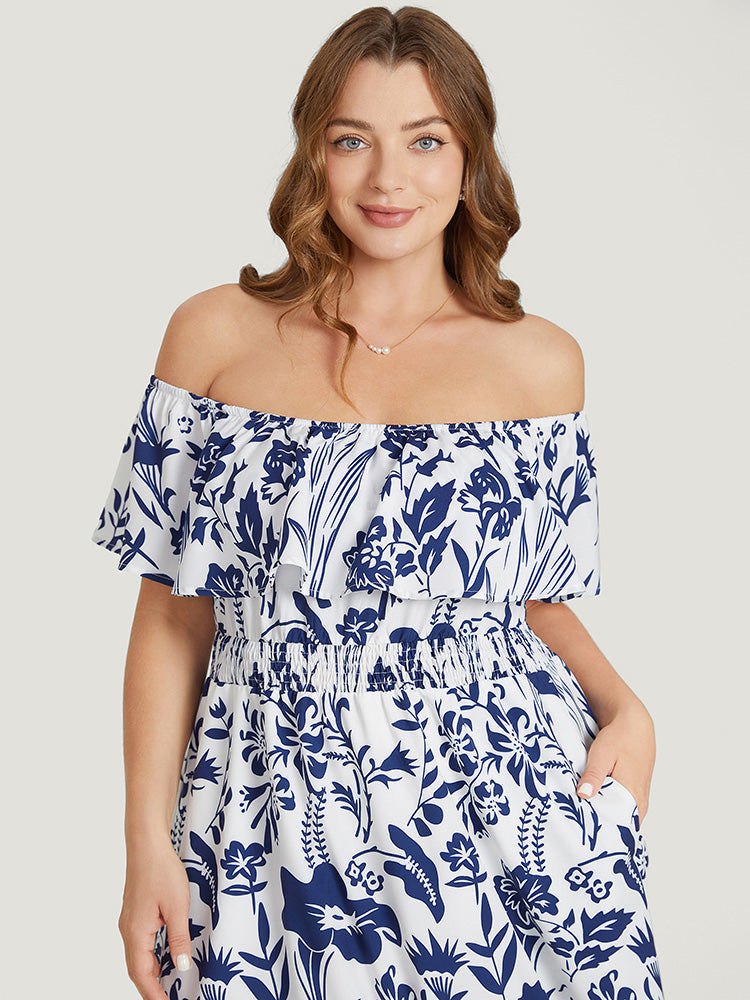 Floral Ruffle Trim Square Neck Shirred Pocket Dress