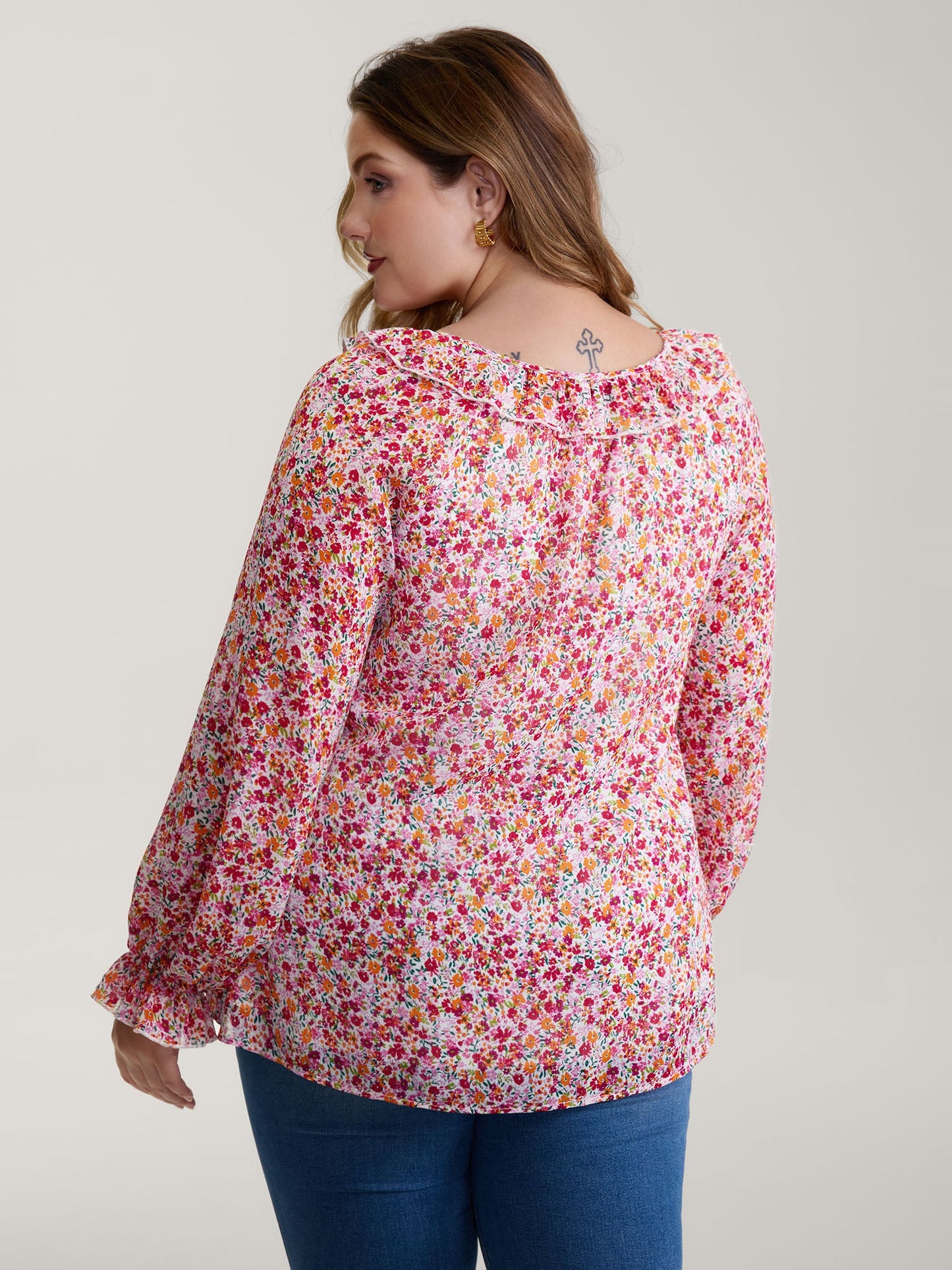 Sweet Floral Print Ruffled Neck Blouse
