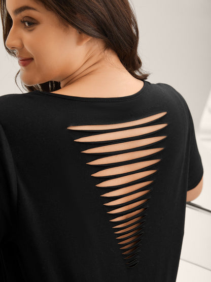 Stretchy Back Cut-Out V-Neck T-Shirt