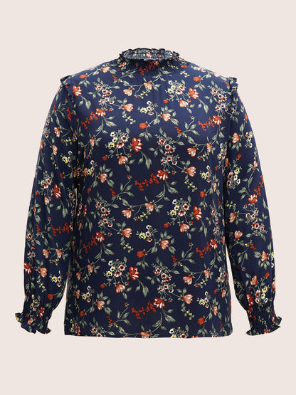 Floral Lantern Sleeve Shirred Mock Neck Blouse