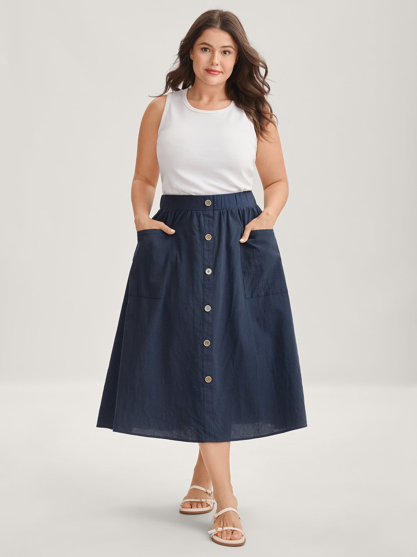 Solid Button Detail Midi Skirt