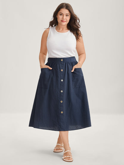 Solid Button Detail Midi Skirt