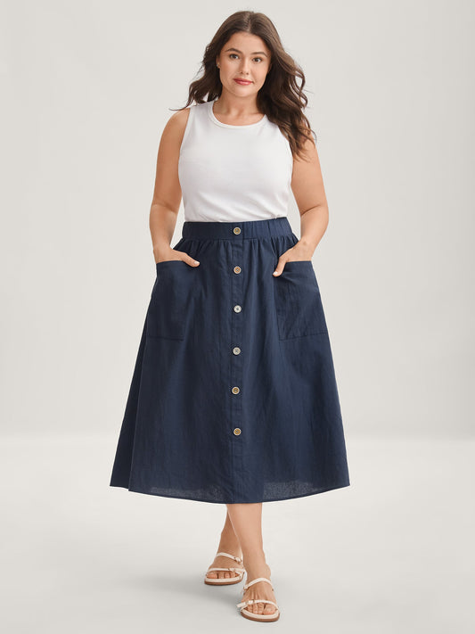 Solid Button Detail Midi Skirt