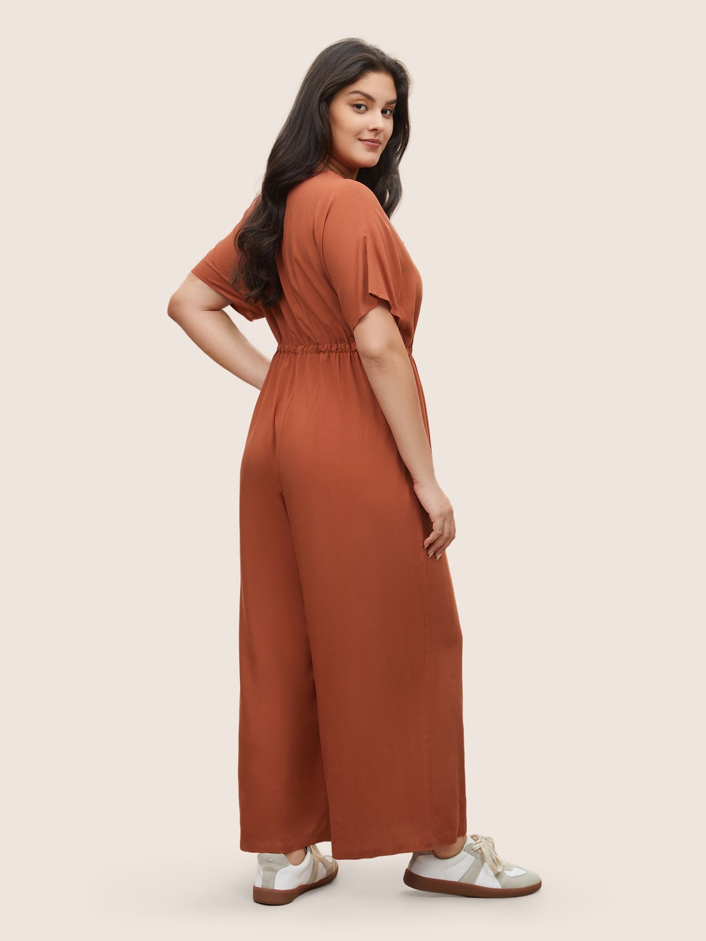 Plain Button Up Drawstring Gathered Pocket Jumpsuit
