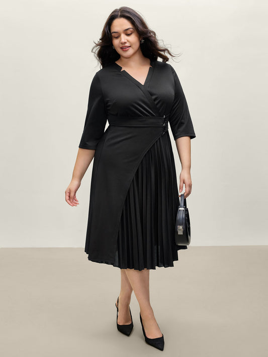 Metal Buckle Drape Pleated Midi Dress