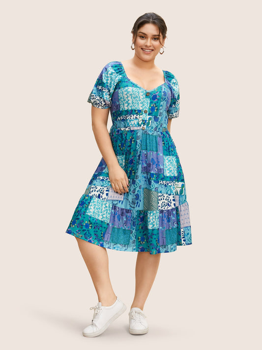 Patchwork Boho Print Raglan Sleeve Midi Dress