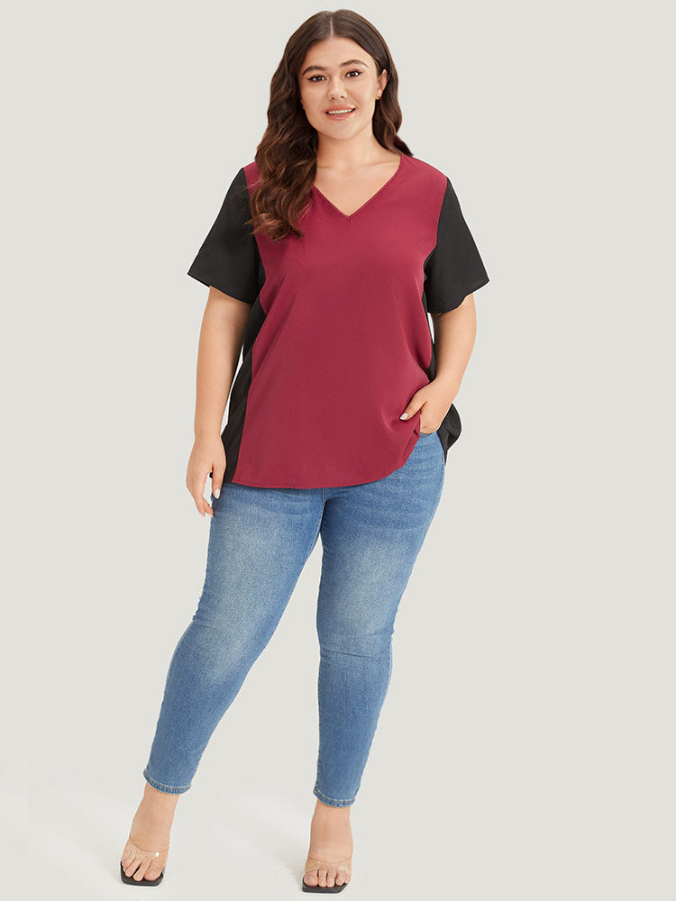 Colorblock Contrast Patchwork V Neck Blouse