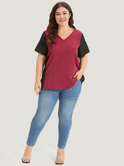 Colorblock Contrast Patchwork V Neck Blouse