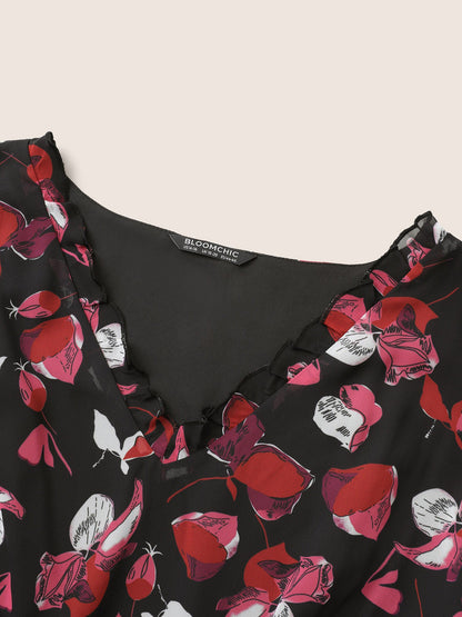 Floral Mesh Patchwork Ruffle Trim Blouse