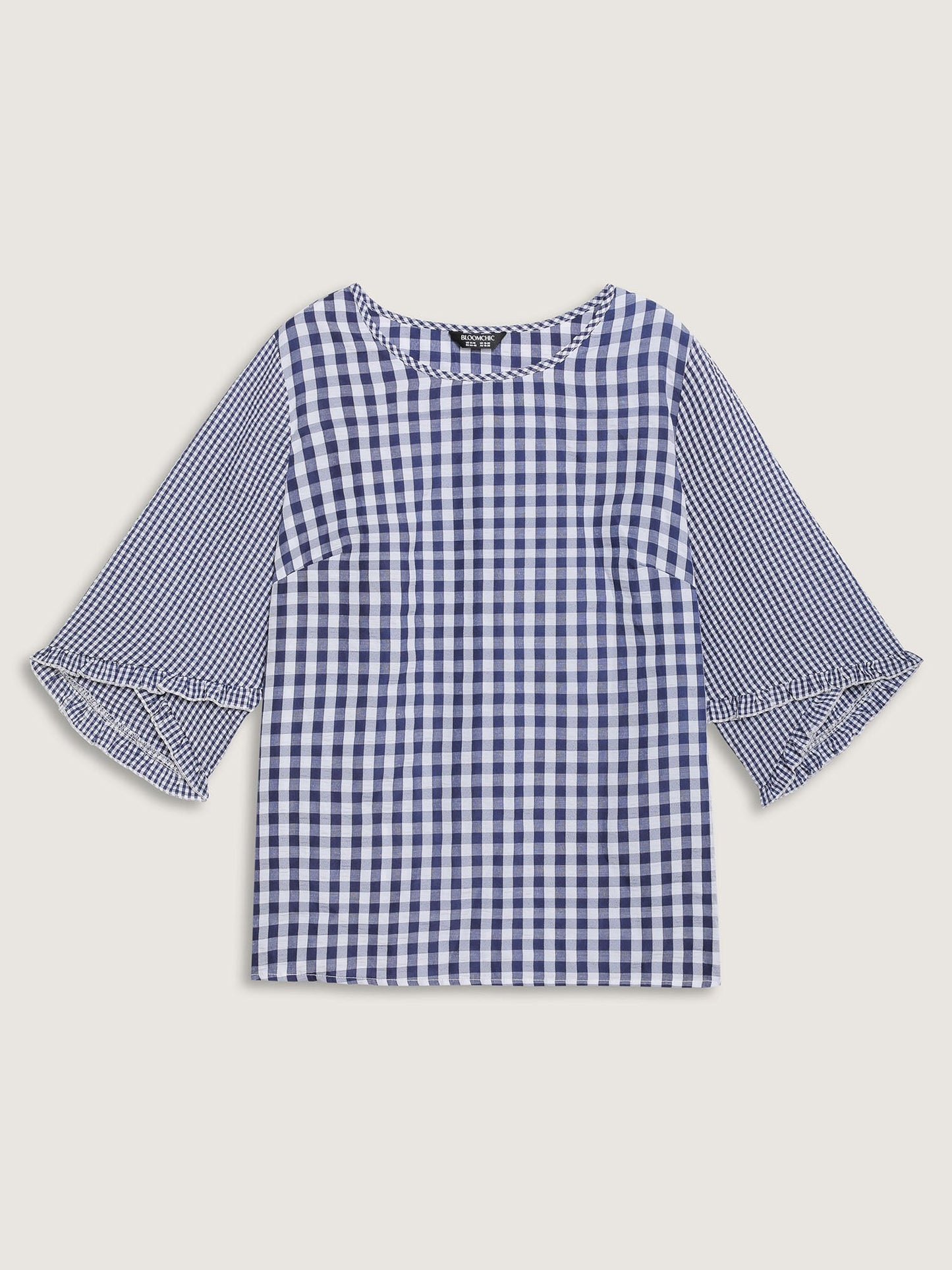 Checkered Print Flared Overlap Sleeve Blouse