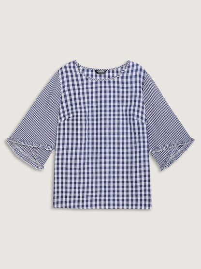 Checkered Print Flared Overlap Sleeve Blouse