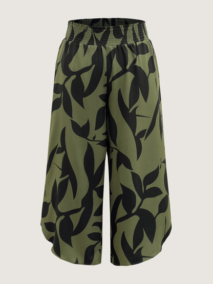 Leaf Print Shirred Wide Waistband Pants