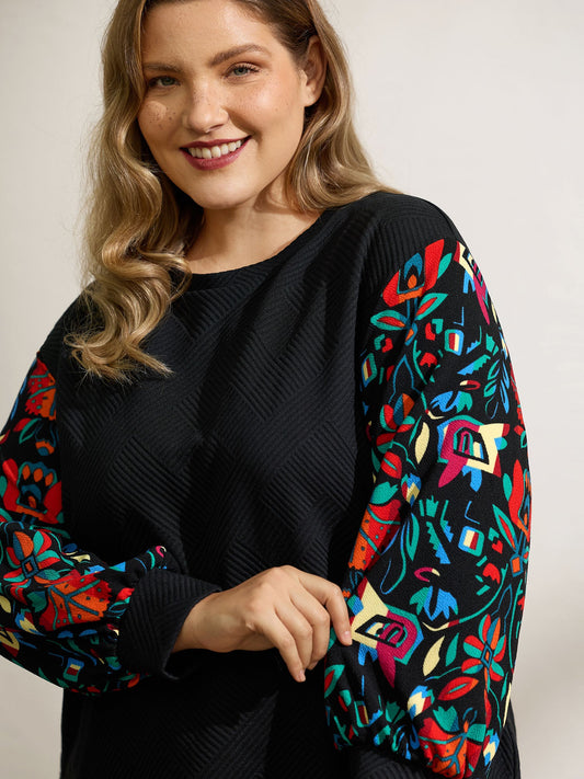 Floral Sleeve Drop Shoulder Textured Sweatshirt