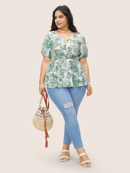 Paisley Print Knot Elastic Waist Blouse