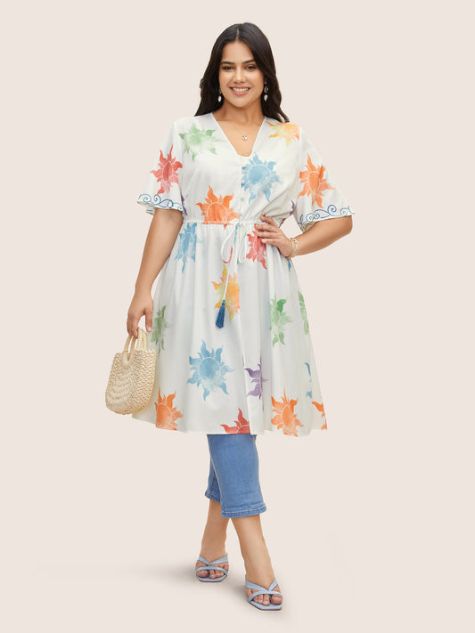 Sun Print Knotted Button Up Drawstring Kimono