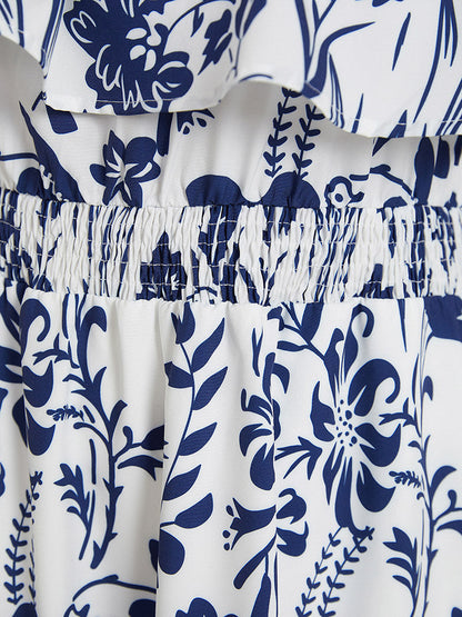 Floral Ruffle Trim Square Neck Shirred Pocket Dress