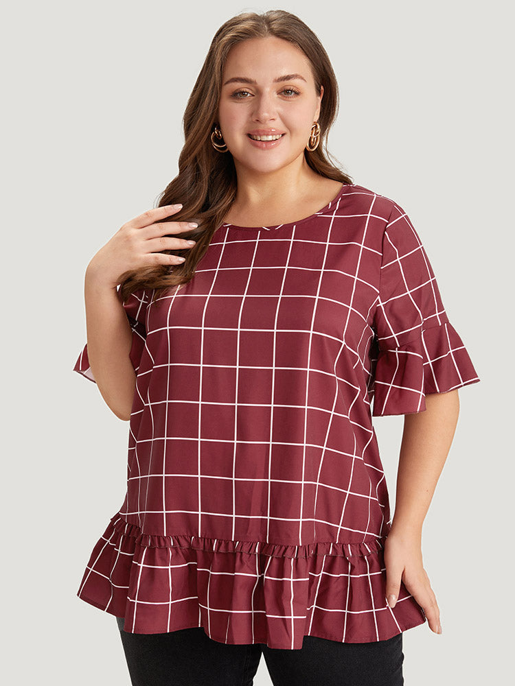 Plaid Frill Trim Bell Sleeve Flutter Hem Blouse