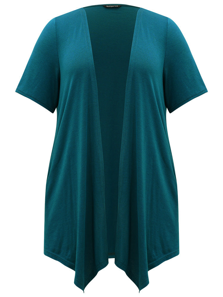 Plain Open Front Pocket Asymmetrical Hem Kimono
