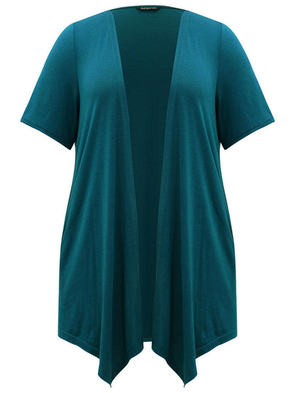 Plain Open Front Pocket Asymmetrical Hem Kimono